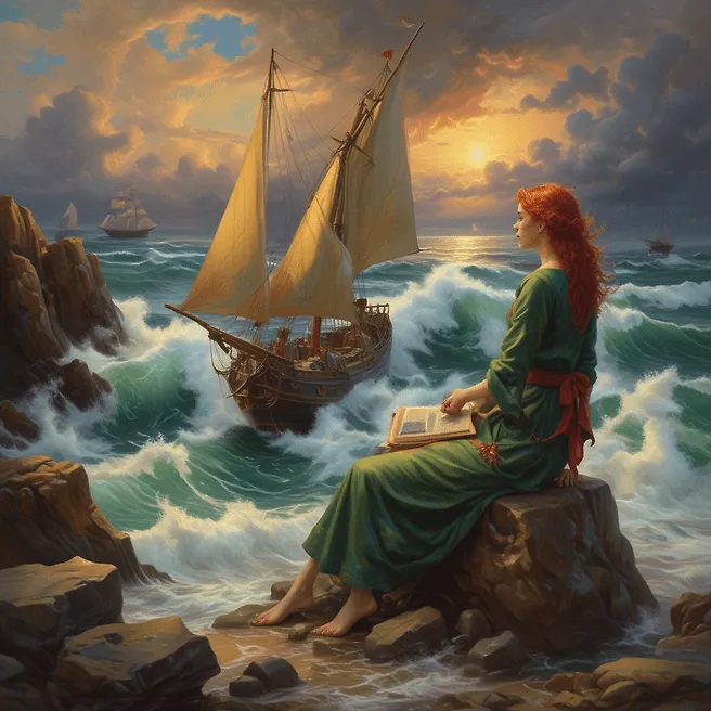 Vibrant Woman Painting Sailboat Amidst Stormy Sea - Fulgent AI