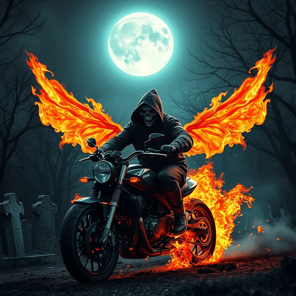 Ghost Rider in Fiery Graveyard: 8k Ultra-Realistic 5D Photo
