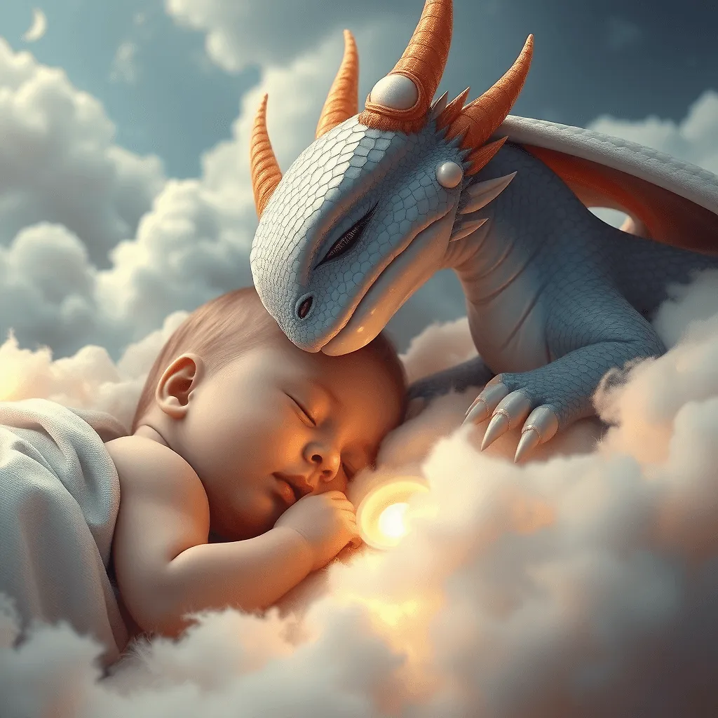 Enchanting Baby and Dragon Sleeping in Dreamy Clouds - Fantasy Art