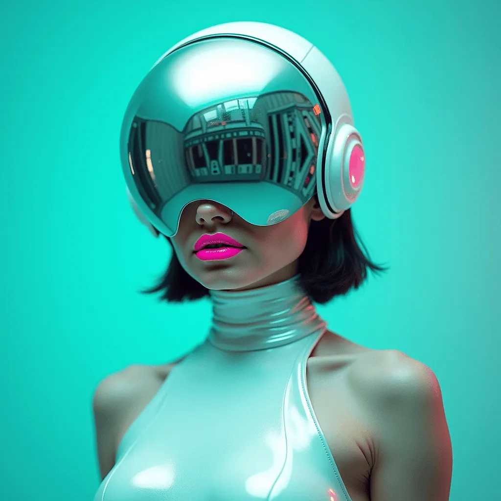 Futuristic Cyberpunk Portrait with Reflective Helmet and Striking Pink Lips