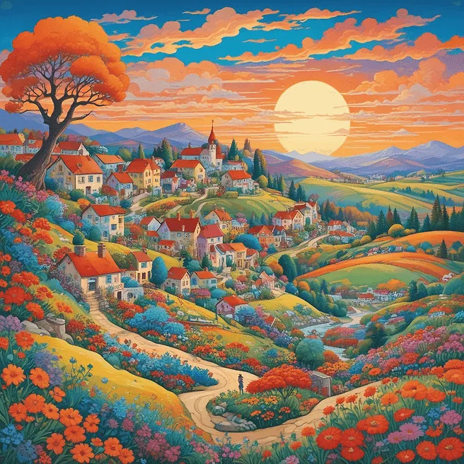 Enchanting Village amidst Rolling Hills | Fantasy Concept Art