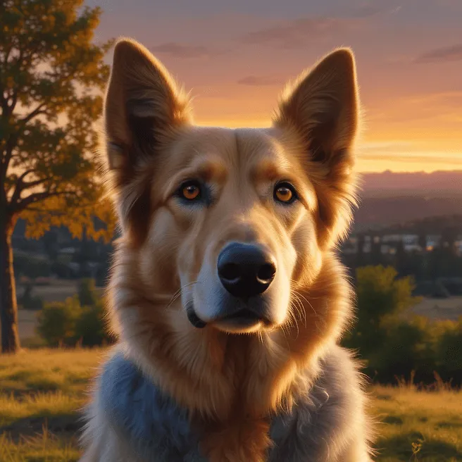 Golden Dog Close-Up Portrait in Breathtaking Sunset Landscape