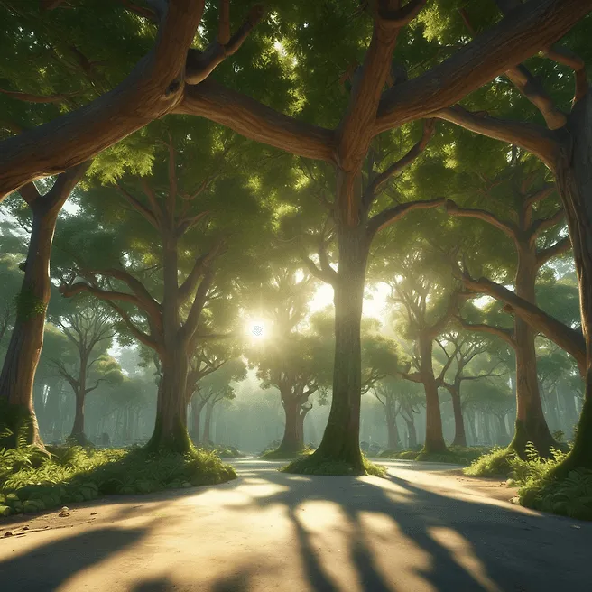 Emerald Futuristic 3D Render: Pixar Style Trees Infra with Radiant Sun Effect