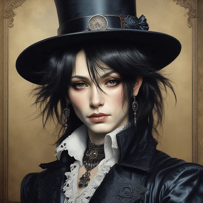 Ultra-realistic Portrait of Mana, Lead Singer of Malice Mizer in Norman Rockwell Style with Backlighting Effect