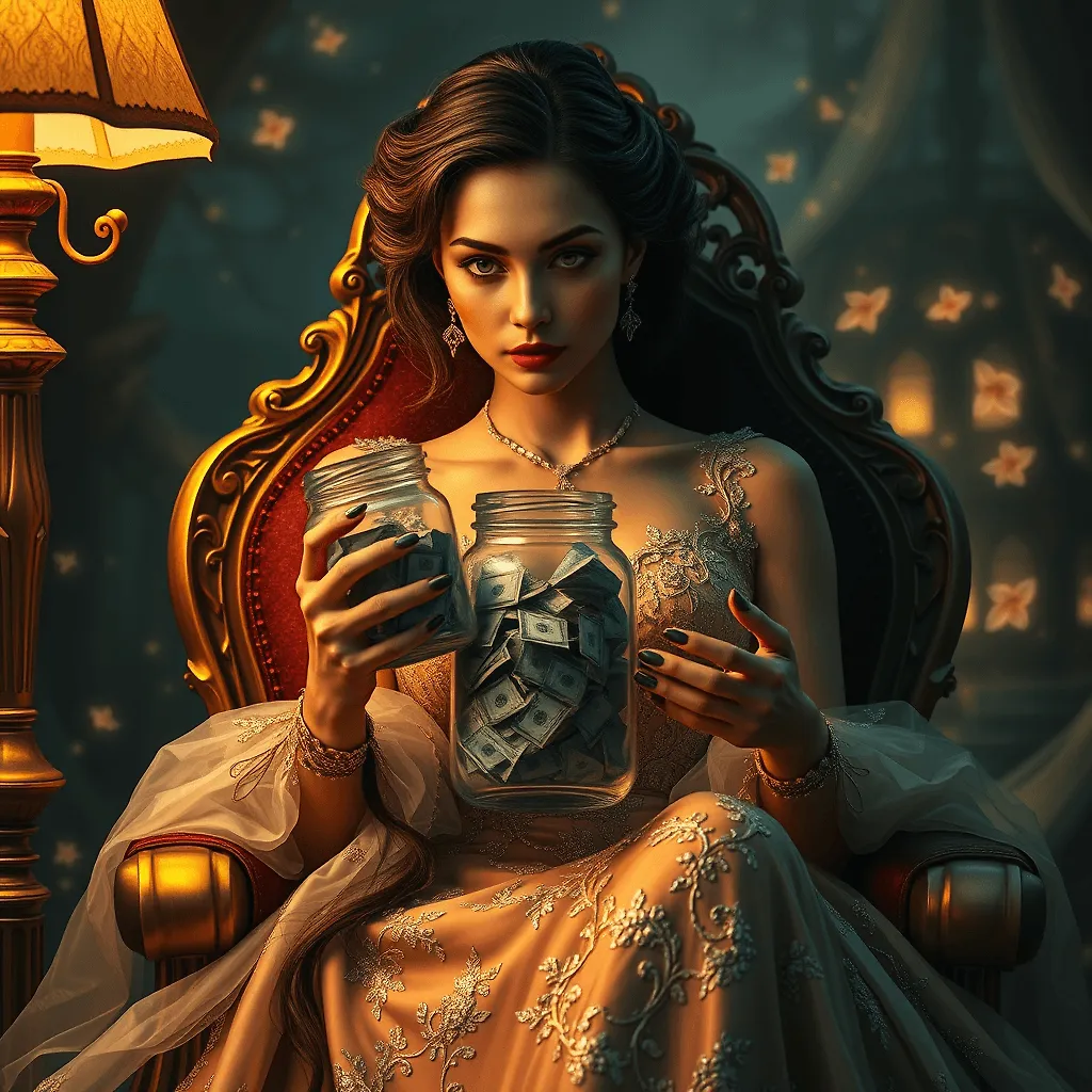Surreal Fantasy Portrait: Elegant Woman with Money Jar in Enigmatic Atmosphere