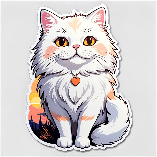 Romantic Sunset Vector Illustration of Cute White Cat with Bold Line Art