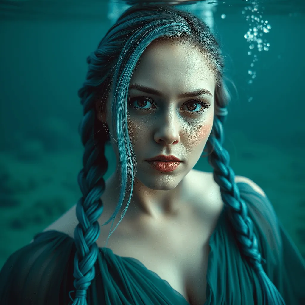 Futuristic underwater portrait of pale woman with blue hair