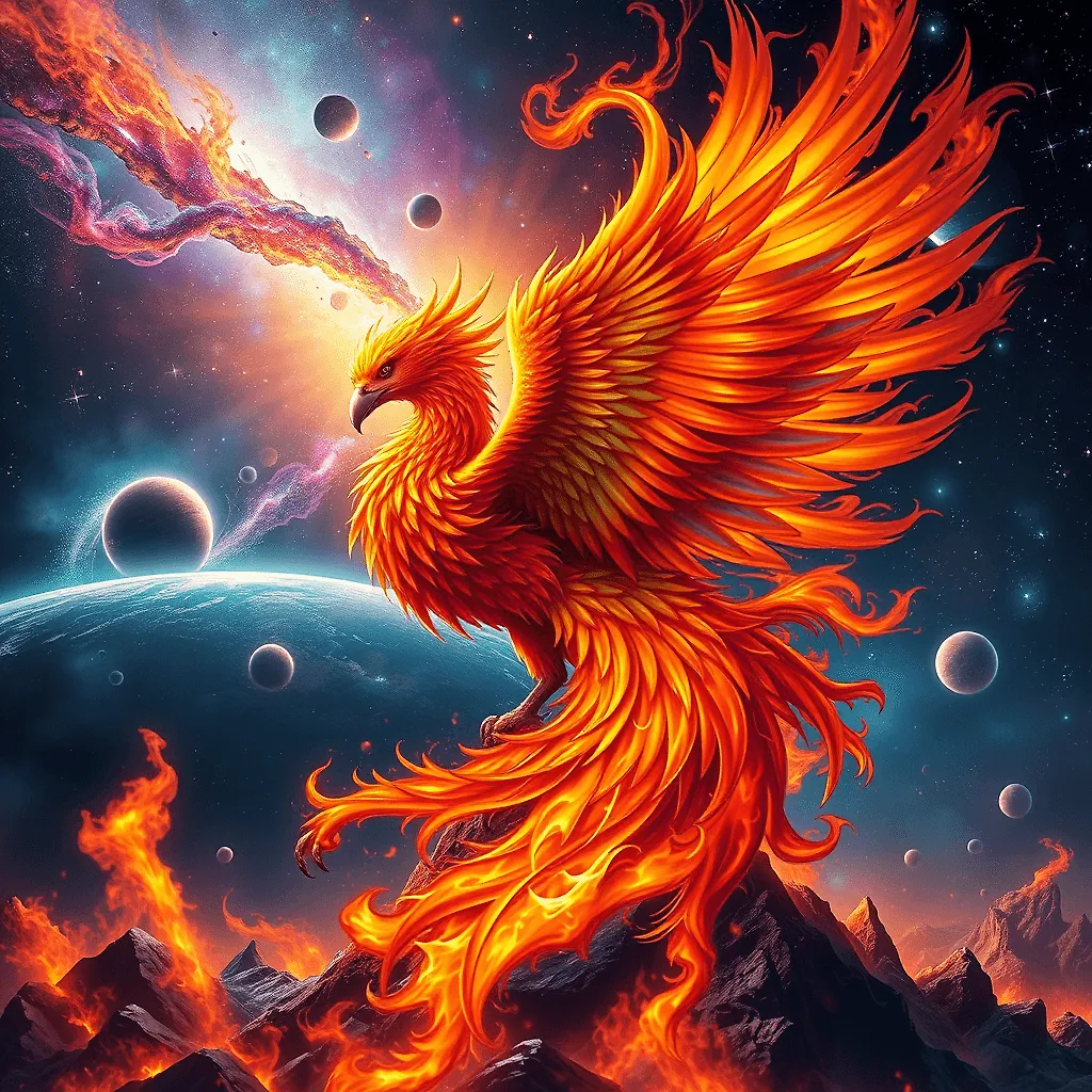 Fiery Phoenix Rebirth in Cosmic Nebula - Fulgent AI