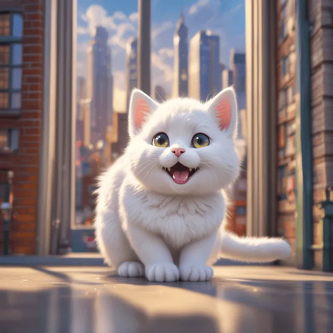 An enchanting 3D render of an adorable anime-style chibi white Tatra Shepherd cat, just waking up with eyes wide open and yawning, exuding a slightly grumpy and annoyed demeanor. The cat is surrounded by a vibrant, lively atmosphere, with sunrays piercing through clouds and a bustling city visible through the window behind her. The city life continues in the background, punctuated by singing birds, contributing to the energetic ambiance., 3d render, vibrant, anime