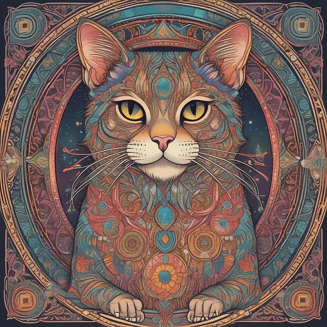 Colorful Mandala Cat Illustration in Alphonse Mucha Style
