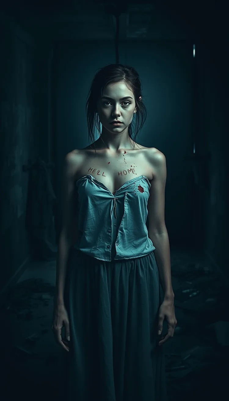 Dark and Cinematic Portrait of Despair and Guilt in a Gloomy Room